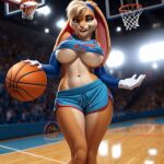  1girl ai_generated anthro anthro_female anthro_focus anthro_only basket basketball basketball_court basketball_uniform breasts breasts_out breasts_out_of_clothes bunny bunny_girl female_focus female_only fur furry furry_female furry_focus furry_only lola_bunny looney_tunes public public_nudity solo_anthro solo_female solo_focus solo_furry space_jam space_jam:_a_new_legacy 