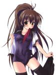  brown_hair copyright_request futanari high_res highres komatsu_e-ji komatsu_eiji mizugi mouth_hold one-piece_swimsuit photoshop ponytail school_swimsuit school_uniform skirt skirt_pull sukumizu swimsuit swimsuit_under_clothes thighhighs undressing 