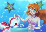  1girl alluring bikini breasts chapi_sasa creatures_(company) earrings game_freak goldeen green_eyes hair_ornament high_res jewelry long_hair looking_at_viewer medium_breasts mermaid mermaid_costume mermaid_misty_(pokemon) misty misty_(pokemon) misty_mermaid necklace nintendo orange_hair pokemon pokemon_(anime) pokemon_(classic_anime) seashell shell shell_bikini staryu swimsuit underwater water 