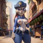 1girl ai_generated anthro anthro_focus anthro_only breasts breasts_out breasts_out_of_clothes breasts_outside city city_background female_focus female_only fur furry furry_female furry_only judy_hopps mammal market marketplace police police_hat police_uniform policewoman public public_nudity rabbit rabbit_girl solo_female solo_focus zootopia