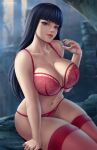 1girl bangs big_breasts black_hair blue_eyes bra breasts cleavage dark_hair dynamite_comics female_only flowerxl huge_breasts lingerie looking_at_viewer red_lingerie red_lipstick red_stockings stockings thick_thighs thong vampirella vampirella_(series) voluptuous voluptuous_female