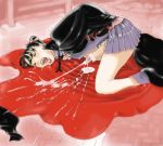 1girl black_hair cape censored closed_eyes cum cum_on_clothes dracula ejaculation erect_nipples fangs futanari hair hair_ribbon intersex masturbation open_mouth orgasm penis projectile_cum ribbon saliva skirt solo trembling vampire yozora