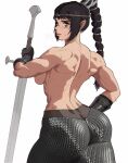  baldur&#039;s_gate_3 black_hair dungeons_and_dragons elf green_eyes holding_weapon looking_back pointy_ears shadowheart shirtless single_braid sweat sword yoracrab 