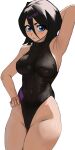 1girl 1girl armpits big_breasts bikini black_bikini black_eyes black_hair black_one-piece_swimsuit bleach blue_eyes breasts kuchiki_rukia mature_female medium_hair one-piece_swimsuit pervert pervert_female pussy sexually_suggestive short_hair smile solo_focus white_background