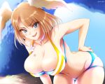 1girl 1girl 1girl akino_(gokosei) alluring ass_cleavage bent_over big_breasts big_breasts big_breasts bikini blue_eyes breast_tattoo breasts brown_hair butt_crack choker cleavage confident eunie_(xenoblade) flower hand_on_knee hand_on_own_ass hand_on_own_knee head_wings high_res leaning_forward light-skinned_female light_skin long_hair looking_at_viewer medium_hair navel nintendo outside pose posing sarong skindentation smile striped striped_bikini sweat swimsuit tattoo thigh_gap white_flower white_wings wings xenoblade_(series) xenoblade_chronicles_3