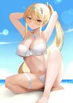  1girl alluring beach big_breasts bikini blonde_hair breasts choker clouds core_crystal daive earrings hands_behind_head looking_at_viewer midriff mythra navel nintendo ocean outside ponytail sky swimsuit thigh_strap tiara water white_bikini white_swimsuit xenoblade_(series) xenoblade_chronicles_2 yellow_eyes 