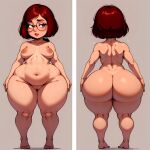 1girl ai_generated ass back barefoot big_ass big_breasts blue_eyes breasts brown_hair bubble_butt cleft_of_venus completely_nude completely_nude_female dat_ass feet female female_focus front_view glasses huge_ass long_hair looking_at_viewer medium_breasts navel nipples nude nude_female pubic_hair pussy seductive_look shortstack sideboob simple_background solo teen wide_hips younger_female