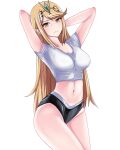  1girl alluring arms_up big_breasts black_shorts blonde_hair breasts langspower long_hair looking_at_viewer midriff mythra navel nintendo shirt shorts stretching tiara white_shirt xenoblade_(series) xenoblade_chronicles_2 yellow_eyes 