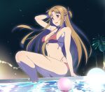  1girl alluring alternate_costume arm_up asuna_(sao) bare_legs bikini braid breasts brown_eyes brown_hair floating_hair french_braid long_hair medium_breasts navel night night_sky open_mouth outside palm_tree partially_submerged pool puge red_bikini short_ponytail sky smile swimming_pool swimsuit sword_art_online tree very_long_hair 