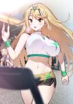  1boy 1girl absurd_res alluring alternate_costume bare_shoulders big_breasts blonde_hair blush bouncing_breasts breasts earrings exercise exercise_machine green322 gym headpiece high_res jewelry long_hair mythra mythra_(xenoblade) nintendo nosebleed rex_(xenoblade) running shorts sports_bra sweat swept_bangs tagme tiara treadmill unaligned_breasts very_long_hair white_sports_bra xenoblade_(series) xenoblade_chronicles_2 yellow_eyes 