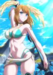 1girl alluring arm_behind_head beach big_breasts bikini blue_eyes breasts brown_hair cleavage eunie_(xenoblade) female_only grin legs looking_at_viewer mercury_xeno nintendo ocean pose posing sarong sensual smile sweat tagme thighs thong_bikini water xenoblade_(series) xenoblade_chronicles_3