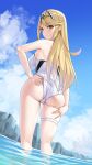 1girl alluring ass big_breasts bikini blonde_hair female_only in_water matrix16 mythra nervous nintendo one-piece_bikini sideboob xenoblade_(series) xenoblade_chronicles_2 yellow_eyes