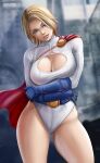  1girl big_breasts blonde_hair blue_eyes bodysuit breasts cleavage dc_comics female_only flowerxl karen_starr legs looking_at_viewer power_girl 