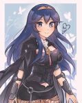  1girl alluring alternate_costume artist_name blue_eyes blue_hair brand_of_the_exalt breasts brooch bug butterfly byleth_(fire_emblem)_(cosplay) byleth_(fire_emblem)_(female)_(cosplay) cleavage cosplay family_crest female_only fire_emblem fire_emblem:_three_houses fire_emblem_awakening high_res jacket jacket_on_shoulders jewelry leggings long_hair looking_at_viewer lucina lucina_(fire_emblem) medium_breasts navel nintendo pantyhose purrlucii smile vambraces 