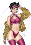  artist_signature asian_female black_hair breasts earrings jacket jubilation_lee jubilee looking_at_viewer marvel_comics stockings sunglasses sunglasses_on_head tsfr02 tubetop white_background x-men 