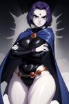  1girl ai_generated belt big_breasts breasts cloak daidouji_(artist) daidoujipv dc_comics female grey_skin hips hooded_cloak leotard looking_at_viewer older older_female purple_eyes purple_hair rachel_roth raven_(dc) solo teen teen_titans thick_thighs wide_hips young_adult young_adult_female young_adult_woman 