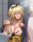 1boy 1girl arm_lock big_breasts blonde_hair blush bracelet bracelets breasts breasts_pressed_against_partner cleavage commander_(nikke) goddess_of_victory:_nikke green_eyes gyaru hair_ornament hair_ribbon jacket_around_waist long_hair male necklace on_da3 open_mouth painted_nails rupee_(nikke) shopping_bag skirt sunglasses sunglasses_removed tan tan-skinned_female tan_skin tanned_female tanned_skin wholesome