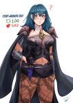 1girl ? absurd_res alluring armlet armor belt big_breasts black_shorts blue_eyes blush bodice bustier byleth_(fire_emblem) byleth_(fire_emblem)_(female) clothing_cutout commentary cowboy_shot dagger deliciousbra deliciousbrain female_only fire_emblem fire_emblem:_three_houses heart high_res knife leggings looking_at_viewer meme navel navel_cutout nintendo pantyhose pantyhose_under_shorts parted_lips sheath sheathed short_shorts shorts shoulder_armor standing tassel teal_hair thighs turtleneck twitter_strip_game_(meme) vambraces waist_cape weapon