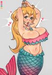  1girl absurd_res big_breasts blonde_hair blue_eyes blush breasts brushing_hair cleavage color_palette earrings female female_only grey_background long_hair looking_at_viewer mario_(series) mermaid mermaid_peach navel nintendo pearl_earrings pearl_necklace princess_peach princess_peach:_showtime! solo surprised surprised_expression thirstformilk topwear 