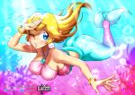  1girl ass breasts bubbles earrings female jewelry looking_at_viewer mario_(series) mermaid mermaid_peach mermaid_tail necklace nintendo ocean princess_peach princess_peach:_showtime! sasatseng sea solo swimming underwater water 