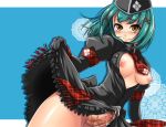 1girl aqua_hair armband blush breasts capcom cum cum_on_clothes dress dutch_angle embarrassed erection frills futanari garrison_cap gloves green_hair hat healer_(armor) healer_u healer_u_(armor) lace monster_hunter necktie nipples no_bra no_panties open_clothes open_shirt penis plaid pochi-goya pochi_(pochi-goya) precum shirt short_hair skirt skirt_lift solo solo_focus uncensored veins veiny_penis yellow_eyes