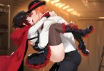  ai_generated black_hair boots cape carrying_partner clothed_female clothed_male cum grey_eyes hat hood kissing leg_lock long_boots long_sleeves miniskirt orange_hair pussy_juice pussy_juice_drip red_cape red_hair red_hood ruby_rose rwby short_hair skirt_lift stockings two_tone_hair wet 