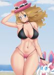  1girl alluring big_breasts bikini blonde_hair blue_eyes cleavage deviantart fanbox_reward gummslime gumroad nintendo patreon pokemon pokemon_(anime) pokemon_xy serena_(pokemon) sylveon 