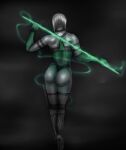  1girl 2d alluring ass back_view bare_shoulders bob_cut gloves green_clothing highheels holding_object holding_weapon hungry_butt khameleon leggings leotard midway_games mortal_kombat mortal_kombat_1_(2023) mortal_kombat_armageddon mortal_kombat_trilogy pale-skinned_female pale_skin pole scarltchaosjnx short_hair sleeveless solo_female standing thong white_hair 