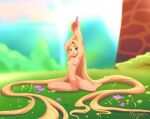  1girl 1girl 1girl absurd_res absurdly_long_hair arms_up barefoot_on_grass blush breasts casual_nudity disney green_eyes high_res long_hair looking_at_viewer nature navel nipples nude outside parted_lips pussy rapunzel sequestro tangled very_long_hair 