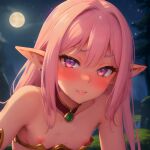     1girl ai_generated blush elf elf_ears elf_female elf_girl exposed_breasts female_focus flat_chested full_moon looking_at_viewer moon moonlight night_sky nipples nude pink_eyes pink_hair pointy_ears small_breasts stable_diffusion