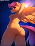  1girl 2024 aged_up anthro ass big_ass breasts dat_ass digital_media_(artwork) equid equine eyebrows eyelashes feathered_wings feathers female friendship_is_magic genitals hair hand_behind_head hasbro high_res looking_at_viewer looking_back looking_back_at_viewer mammal my_little_pony mythological_creature mythological_equine mythology nipples nude pegasus purple_eyes purple_hair pussy scootaloo scootaloo_(mlp) short_hair sideboob solo tail text twistedscarlett60 url wings 