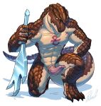  1boy 2010s 2018 2d 2d_(artwork) absurd_res animal_genitalia anime anthro anthro_only artist_signature ass bara brown_body brown_scales brown_skin digital_media_(artwork) erection genitals hand_on_thigh head_down high_res kneel large_filesize lizard lizard_boy lizardman lizardman_(overlord) looking_at_viewer looking_up male male_anthro male_only markings melee_weapon nude overlord_(maruyama) penis precum reptile rollwulf scales scalie scalie_male scalie_only signature simple_background smaller_version_at_source solo_anthro solo_male sword tail tattoo third-party_source tribal_tattoo weapon white_background zaryusu_shasha 