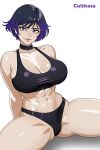  1girl abs alluring athletic_female big_breasts black_and_purple_hair breasts cleavage collar cultkasa female_abs female_only fit_female namco reina_(tekken) short_hair sitting spread_legs tekken tekken_8 thick_thighs white_background 