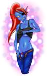 1girl 2010s 2018 2d 2d_(artwork) anthro anthro_only belt black_tank_top blue_body blue_skin blush breasts brown_belt clothes_lift clothing digital_media_(artwork) ear_fins eyepatch female_anthro female_only fins fish fish_girl ganzooky hair head_fins long_hair looking_at_viewer marine monster monster_girl navel non-mammal_breasts non-mammal_navel nsfwsinningsans panties pants_pull ponytail red_hair red_panties red_ponytail sharp_teeth slit_pupils solo_anthro solo_female tank_top tank_top_lift tank_top_pull teasing teeth unbuckled_belt undertale undertale_(series) undyne unzipped unzipped_pants video_game_character video_games yellow_sclera yellow_teeth