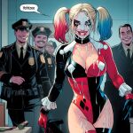 1girl 4boys after_oral ai_edit ai_generated blonde_hair blue_eyes cum cum_drip cum_in_mouth cum_on_body cum_on_breasts cum_on_chest cum_on_face cum_on_hair cum_on_thighs dc_comics english_text eyemask gloves grin harleen_quinzel harley_quinn high_heels light-skinned_female lipstick_smear looking_at_viewer makeup multiple_boys pigtails police police_officer police_station police_uniform policeman ruined_makeup running_mascara skin_tight smiling_at_viewer speech_bubble text villain