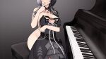 1girl big_breasts black_choker black_dress black_hair black_nails blush breasts choker dress finger_to_mouth grey_hair high_res holding holding_clothes hololive hololive_english instrument long_hair m_r_b multicolored_hair nail_polish nude pan_piano piano piano_bench shiori_novella sitting smile split-color_hair two-tone_hair unworn_clothes virtual_youtuber