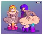  1girl 2_girls ass ass_focus ass_grab big_ass blonde_hair breasts bumpy_dildo crossover dildo dildo_in_pussy dildo_sitting disney double_v female_masturbation female_only fishnet fishnet_clothes fishnets glitch_techs high_heels kenergi looking_at_viewer looking_back miko_kubota nickelodeon peace_sign puckered_anus puckered_butthole puffy_anus purple_hair sex_toy shiny_skin small_breasts spreading_ass star_butterfly star_vs_the_forces_of_evil two_tone_hair v 