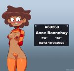  1girl 2022 amphibia anne_boonchuy areola arms_behind_back blush bondage breasts brown_hair dark-skinned_female dark_skin disney female_only gmil human latex legwear maebari navel nipples orange_legwear short_hair standing stockings sweat text 