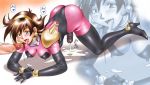  all_fours blush bodysuit boots brown_hair cum cum_in_mouth cum_pool cumdrip dusty_heaven earrings ejaculation elbow_gloves erect_nipples futanari g_gundam gloves gundam hairband headband high_heels latex latex_gloves penis rain_mikamura skin_tight thighhighs uncensored zoom_layer 