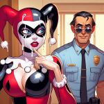  1boy 1girl ai_edit ai_generated blue_eyes cum cum_drip cum_on_breasts cum_on_chest cum_on_face dc_comics eyemask harleen_quinzel harley_quinn light-skinned_female makeup police police_officer police_uniform policeman villain 