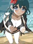 1girl alluring alternate_costume bikini black_bikini black_swimsuit breasts byleth_(female) byleth_(female)_(summer)_(fire_emblem) byleth_(fire_emblem) byleth_(fire_emblem)_(female) female_only fire_emblem fire_emblem:_three_houses hair looking_at_viewer nintendo official_alternate_costume swimsuit taka_p_(zelda27th) teal_hair