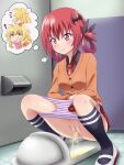 ! >:) 2_girls =3 bat_hair_ornament bathroom black_legwear black_ribbon black_shirt blush breasts c: cardigan censored check_commentary cheek_poking closed_mouth collared_shirt commentary commentary_request cross cross_print gabriel_dropout gabriel_tenma_white grin hair_between_eyes hair_ornament hair_ribbon hair_rings high_res indoors inverted_cross kneehighs legs_apart looking_down mameshiba_(pixiv_59310) medium_breasts mosaic_censoring multiple_girls panties panty_pull pee peeing poking purple_panties pussy red_hair ribbon satanichia_kurumizawa_mcdowell shirt shoes smile socks solo_focus squat_toilet squatting steam striped striped_panties thought_bubble toilet toilet_use underwear uwabaki v-shaped_eyebrows wing_collar