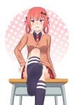 1girl 1girl blue_legwear blush breasts cardigan commentary_request desk fang feet foot_focus gabriel_dropout hand_on_own_hip high_res kneehighs leg_lift long_hair looking_at_viewer lululewd no_shoes open_mouth red_eyes red_hair satanichia_kurumizawa_mcdowell sitting socks soles toes twin_tails