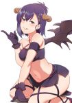 1girl 1girl :q bad_id bad_twitter_id black_gloves blush breasts covered_nipples demon_girl demon_horns demon_wings gabriel_dropout gloves hair_ornament hallelujah_essaim heavy_breathing horns index_finger_raised kneel looking_at_viewer medium_breasts midriff navel pencil_skirt purple_eyes purple_hair short_hair simple_background skirt smile suisen_toire_(moko924) thigh_strap tongue tongue_out vignette_tsukinose_april white_background wings x_hair_ornament