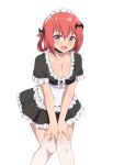  1girl alternate_costume bad_id bad_pixiv_id bat_hair_ornament breasts choker cleavage enmaided fang frills gabriel_dropout hair_ornament hair_rings high_res maid maid_headdress nyaroon pink_eyes red_hair satanichia_kurumizawa_mcdowell stockings white_background white_thighhighs 