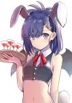  1girl 1girl absurd_res alcohol animal_ears blue_hair blush breasts closed_mouth crop_top cup demon_girl demon_wings drinking_glass eyebrows fake_animal_ears fake_tail gabriel_dropout hair_ornament hairclip high_res holding holding_tray looking_at_viewer navel purple_eyes rabbit_ears rabbit_tail red_ribbon ribbon short_hair small_breasts smile tail tenma-gav tray upper_body vignette_tsukinose_april wine wine_glass wings 