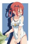  1girl 1girl blush casino_(casinoep) clothes_writing clothing_cutout commentary covering covering_crotch cowboy_shot drop_shadow eyebrows gabriel_dropout hair_ornament hair_ribbon high_res jewelry necklace no_panties nose_blush open_mouth out_of_frame red_eyes red_hair ribbon satanichia_kurumizawa_mcdowell shirt_tug short_sleeves shoulder_cutout simple_background tears teeth 