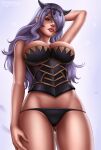 1female 1girl 1girl ass_visible_through_thighs big_breasts big_breasts breasts camilla_(fire_emblem) cleavage female_human fire_emblem fire_emblem_fates flowerxl hand_on_head hand_on_thigh hartman_hips hips horns hourglass_figure human light-skinned_female long_hair nintendo panties panties_aside purple_eyes purple_hair purple_panties red_mouth sideboob standing thighs tiara toned_female video_game_character wide_hips