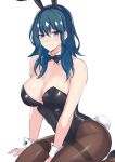  1girl alluring alternate_costume big_breasts blue_eyes breasts bunny_ears bunny_girl bunny_tail bunnysuit byleth_(female) byleth_(fire_emblem) byleth_(fire_emblem)_(female) cleavage female_only fire_emblem fire_emblem:_three_houses hair_behind_ear kneel kneeling_down kneeling_on_ground latte_daruta2 long_hair looking_at_viewer medium_hair nintendo sitting solo_female teal_hair white_background 