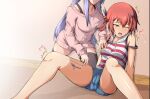 2_girls aran_sweater bat_hair_ornament blush breasts cable_knit casual collarbone gabriel_dropout hair_ornament hair_ribbon head_out_of_frame hood hoodie kneel medium_breasts multiple_girls non-web_source ocza one_eye_closed open_mouth raphiel_shiraha_ainsworth red_hair ribbon satanichia_kurumizawa_mcdowell short_shorts shorts sitting sleeveless sleeveless_hoodie spread_legs stockings striped striped_hoodie sweater yellow_eyes yuri